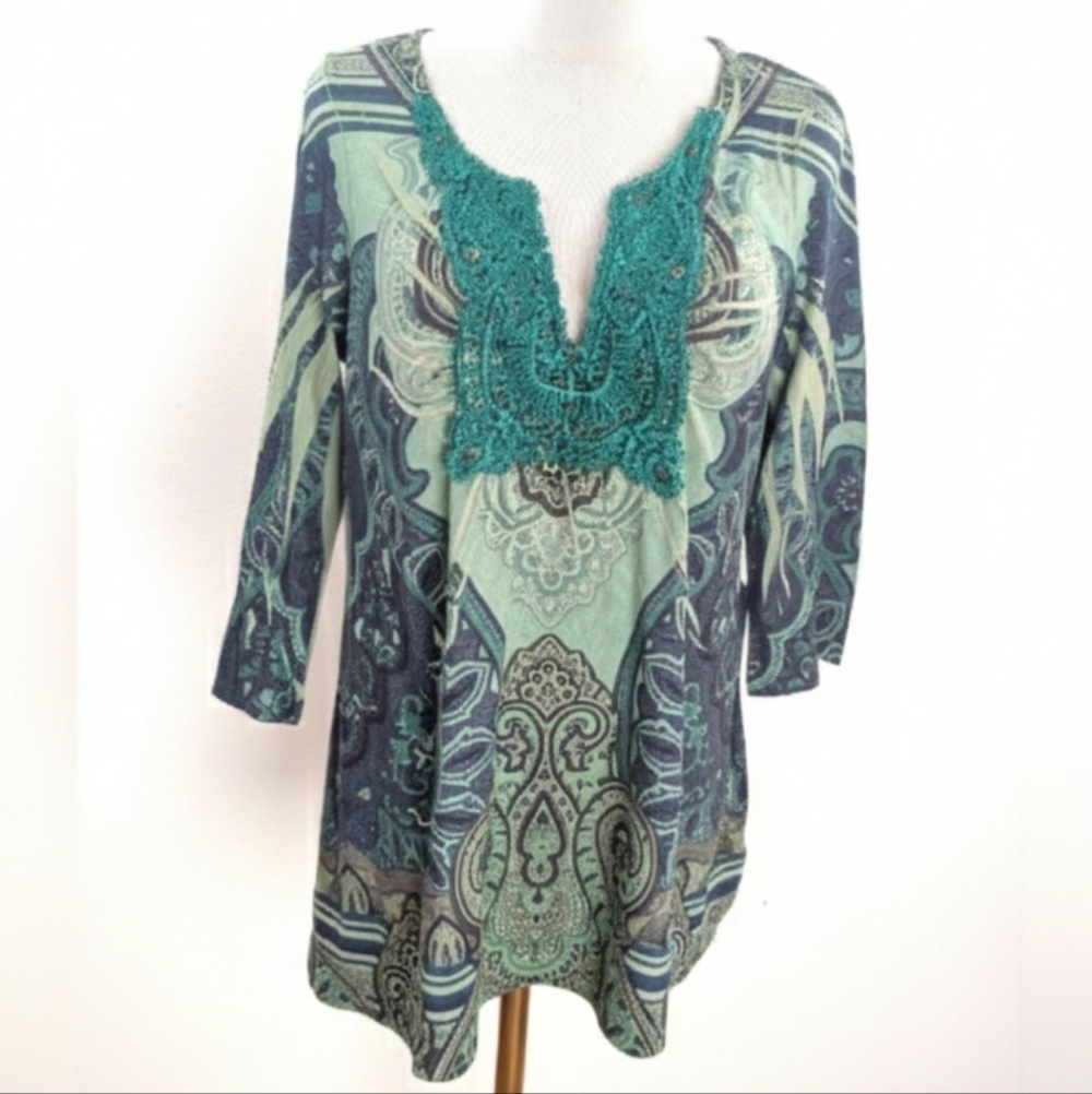 One World Women's Size Small Bohemian Teal and Green Tunic
